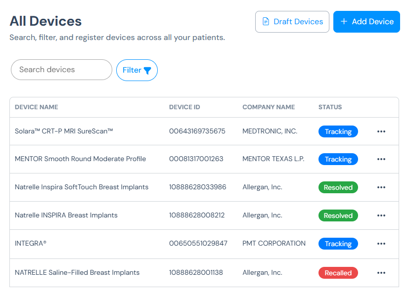 Quivive provider dashboard showing a recalled device row