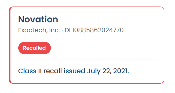 Patient recall alert card — Novation device marked Recalled with the Class II FDA recall date