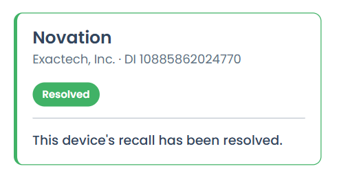 Recall resolved confirmation card for the same Novation device