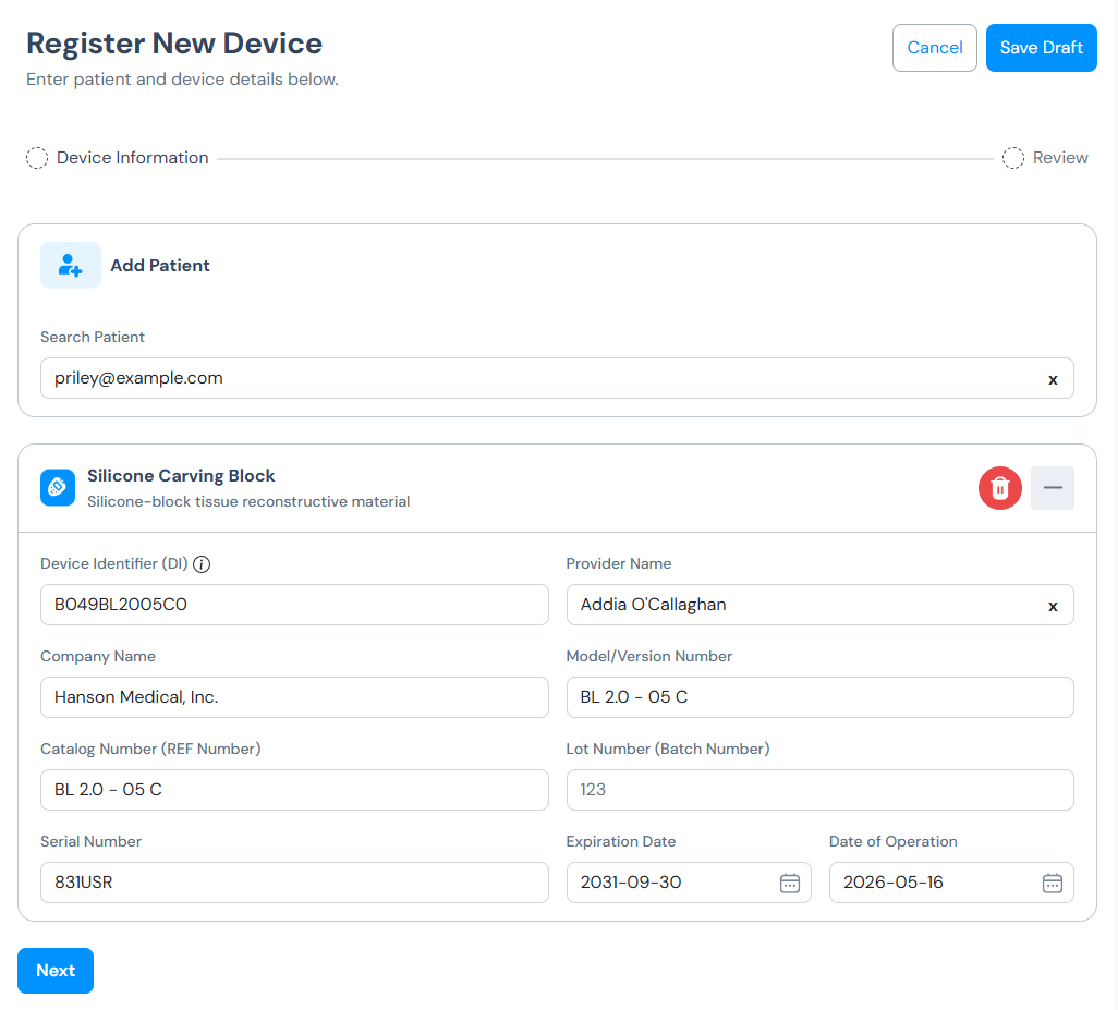 Register New Device form